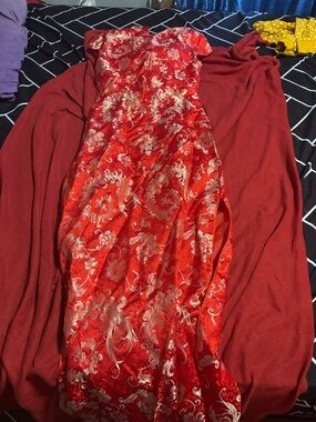 Red Brocade Satin Cheongsam Style Dress